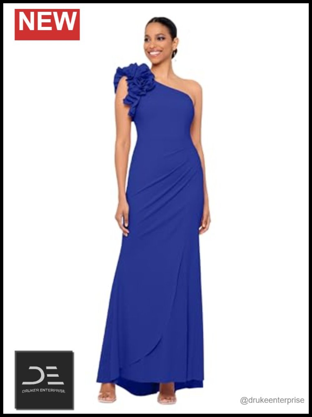One-Shoulder Floor-Length Scuba Crepe Ruffle Formal Dress